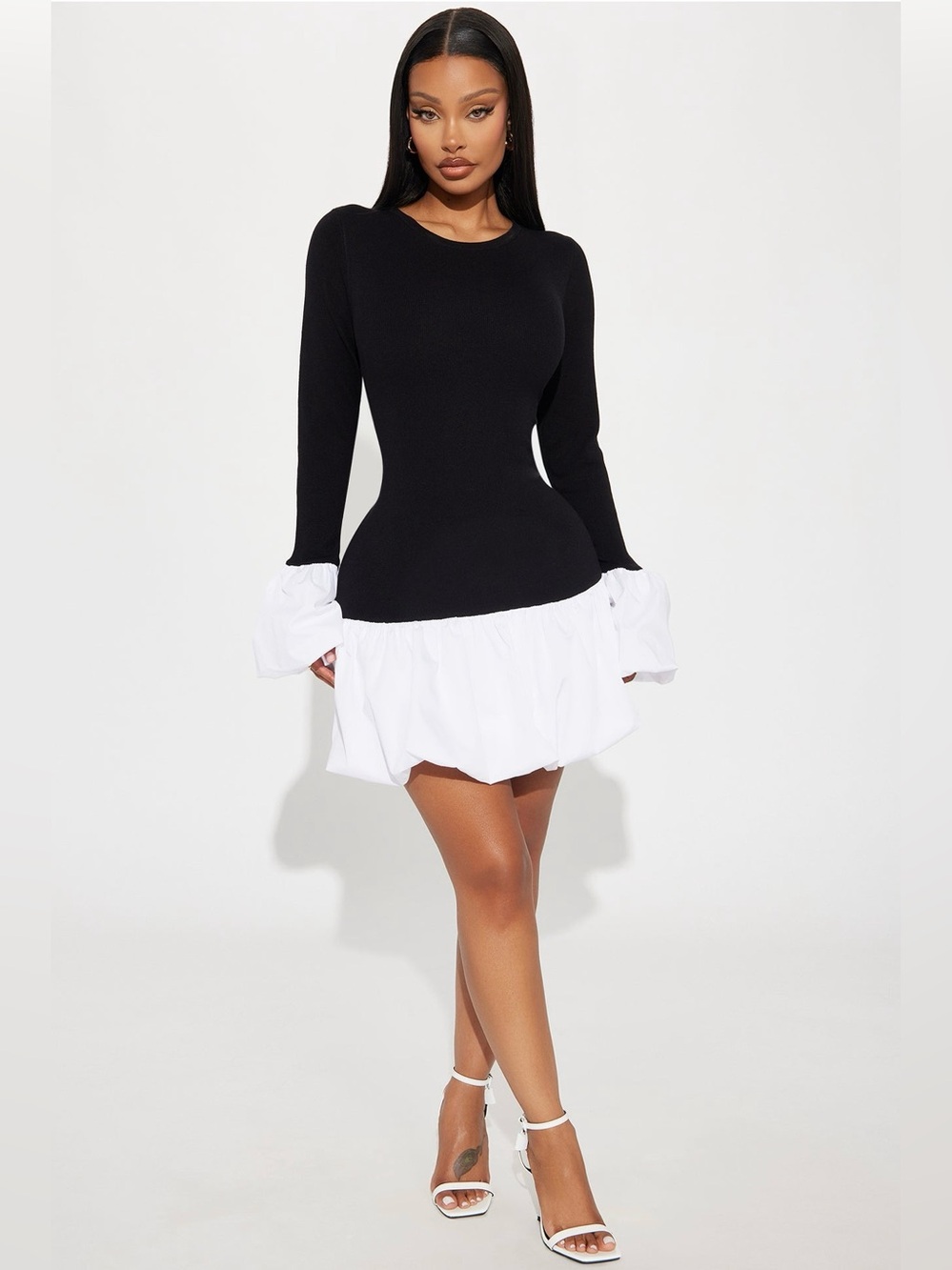 Black & White Long-Sleeve Bubble Hem Mini Dress